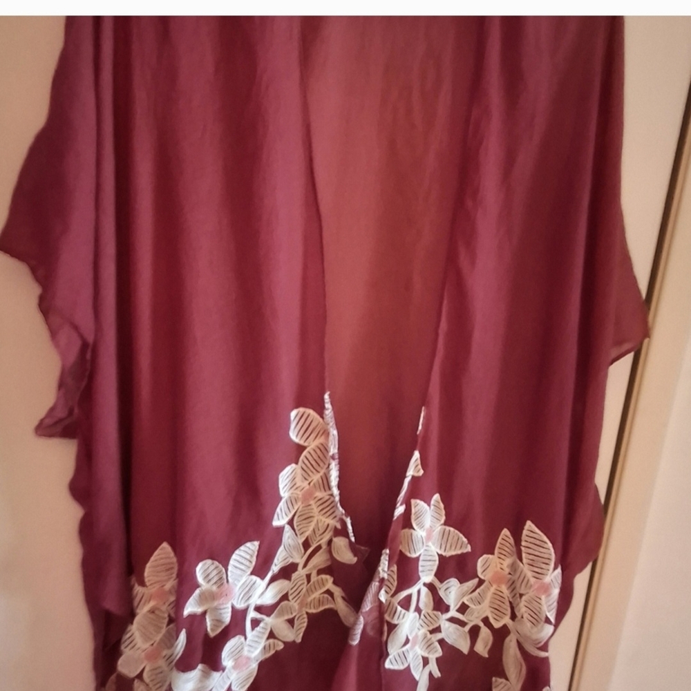 Burgundy Kimono with Leaf Embroidery